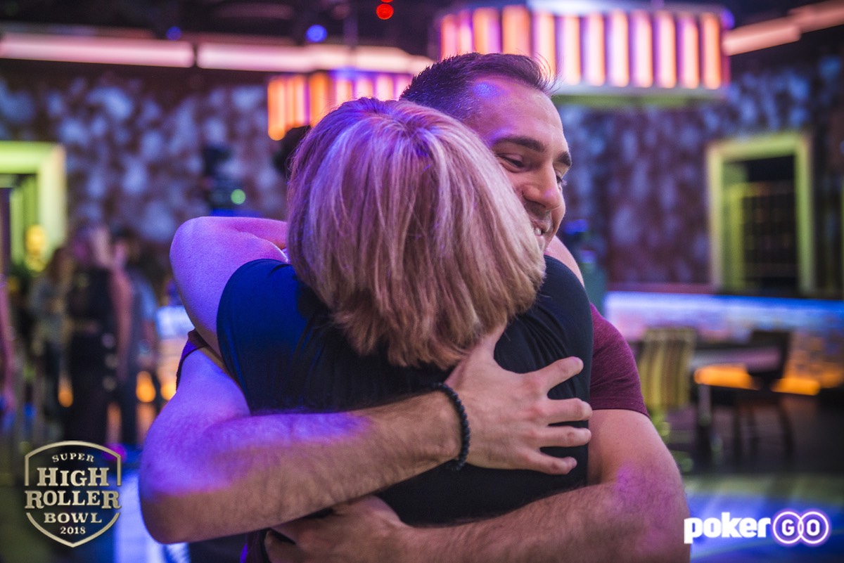 Justin Bonomo hugging his mother after winning the 2018 Super High Roller Bowl!