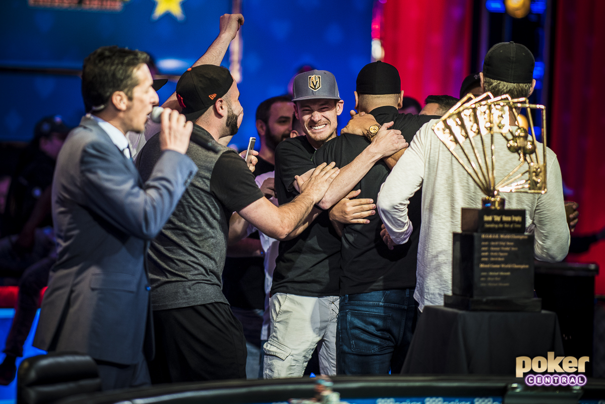 Friends, fans and family mobbing Michael Mizrachi after winning his third Poker Players Championship title. (Photo: <a href="https://www.instagram.com/drew_amato/">Drew Amato</a> for Poker Central)