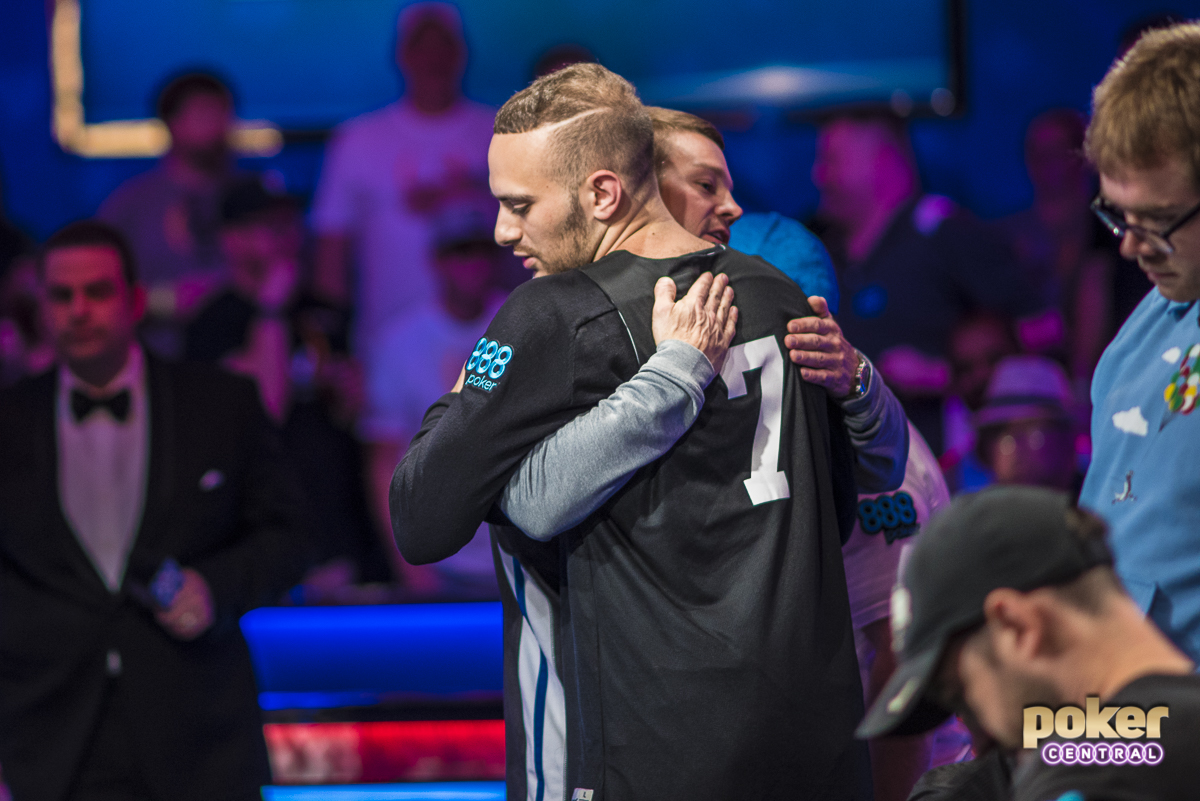 Aram Zobian hugs Tony Miles after getting eliminated in sixth place.