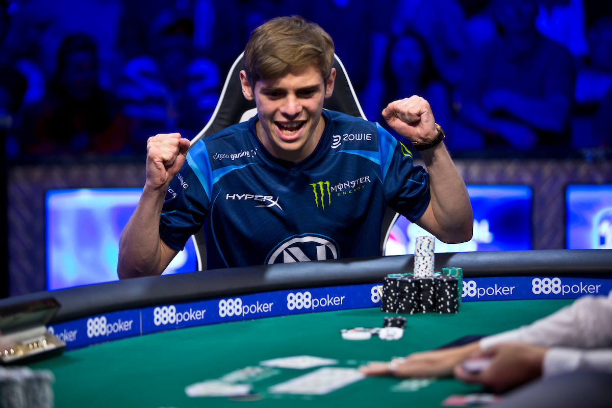 Fedor Holz celebrating the river card that gave him the win in the 2016 High Roller for One Drop, the biggest win of his career for $4.9 million. (Photo: PokerPhotoArchives)