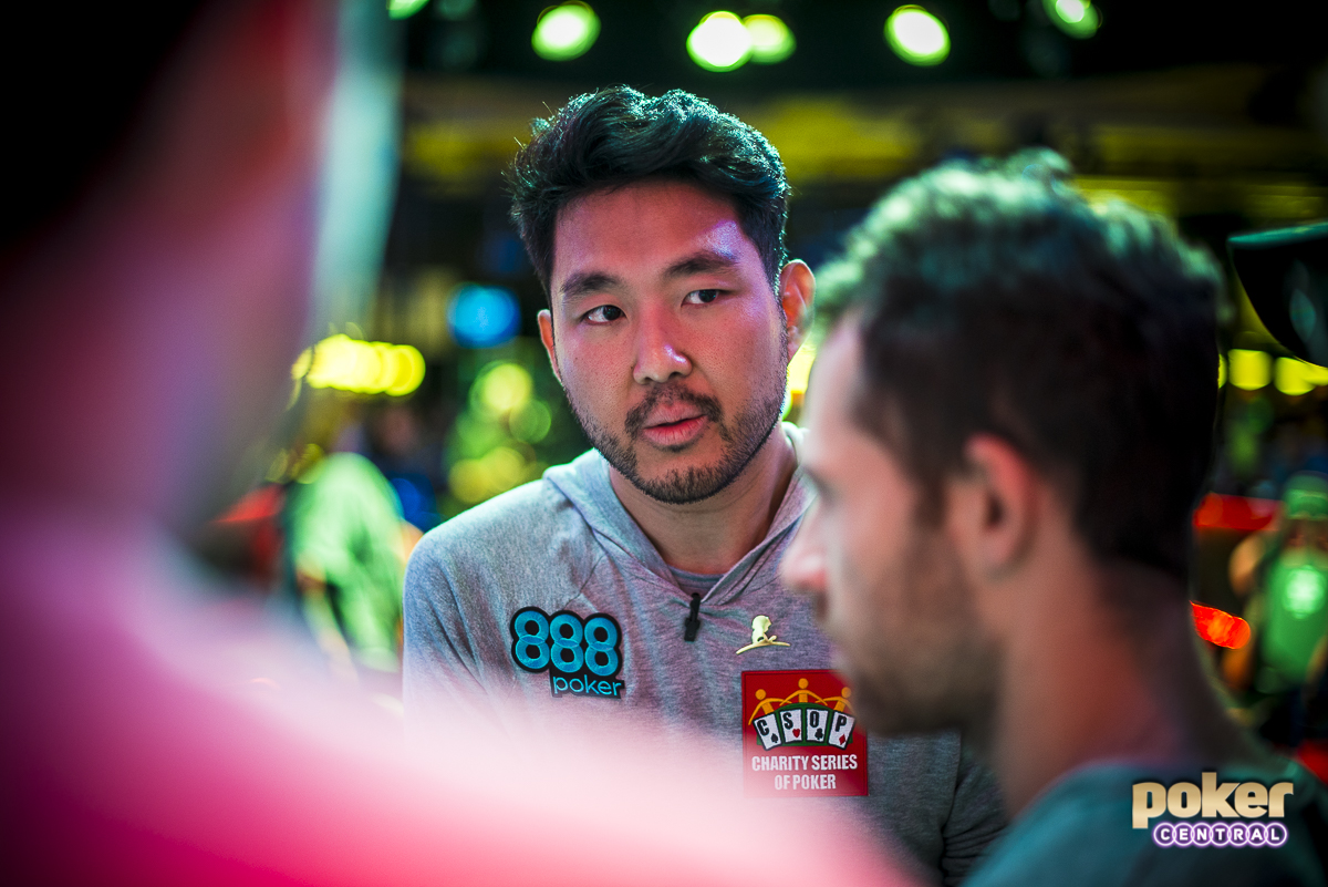 Cynn on rail: During breaks both players had a few of the top pros on their rail, relaying hands from the stream and discussing the best way to proceed. John Cynn was seen catching up with Dan "jungleman" Cates and Ben Lamb, while Tony Miles was often speaking to Shaun Deeb.