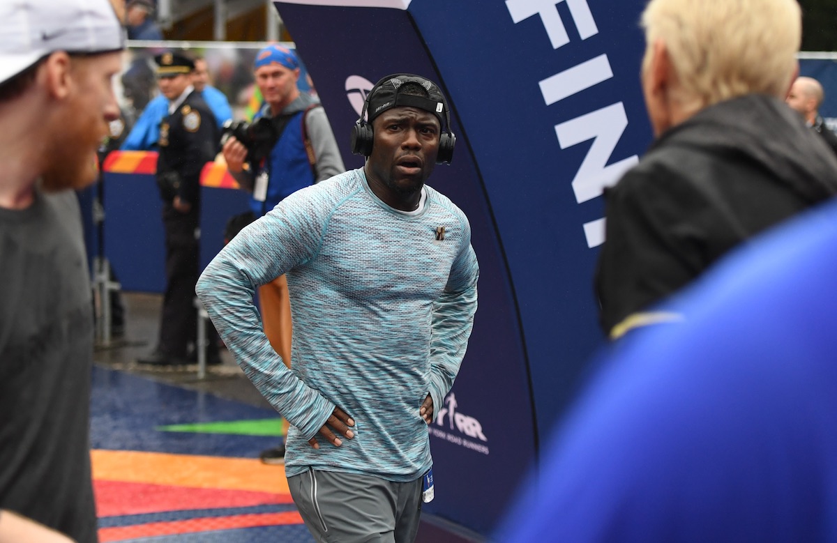 Kevin Hart showing off his athletics prowess, just moments after finishing the New York City Marathon in 4 hours, 5 minutes and 6 seconds. 