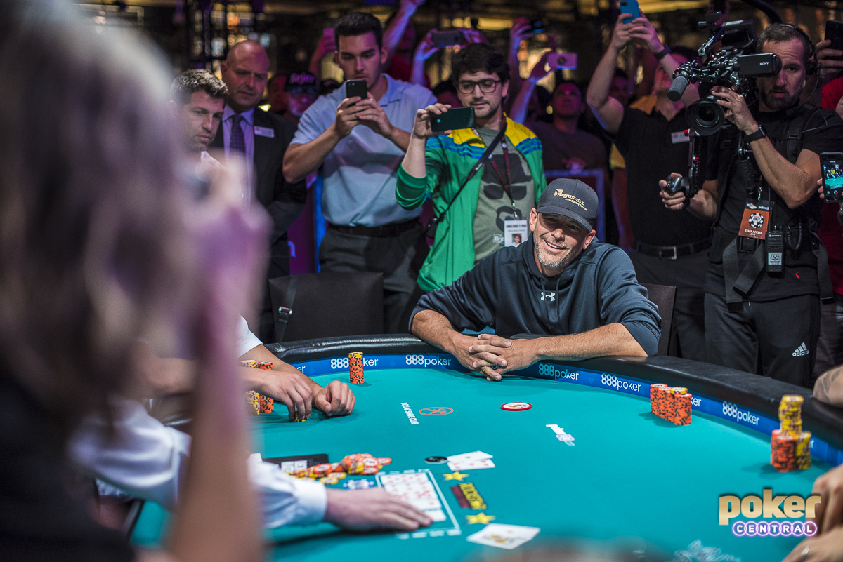 (Two photos for this one as well) Matthew Hopkins is the 2018 World Series of Poker Main Event bubble boy. Hopkins was all in and at risk holding ace-five against the ace-queen of his opponent. Unfortunately for Hopkins he was unable to improve and was eliminated in 1183rd place, taking home nothing but a story. Luckily for Hopkins, as is tradition at the WSOP, he will be awarded a $10,000 seat into next years main event. He took the bubble in good spirit, and shoot Jack's hand before exiting the tournament area.