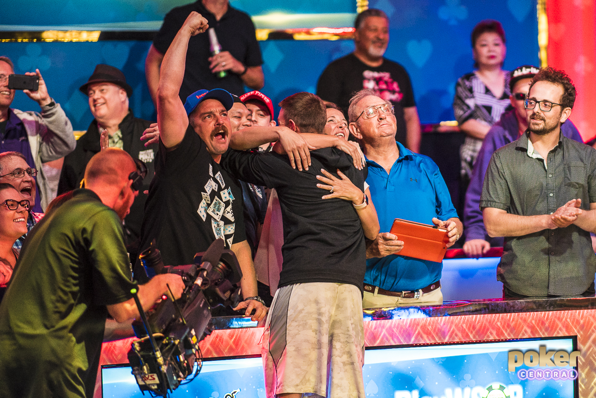 Supported by friends and family that stood with him through dark times, Tony Miles celebrates on the final table bubble.