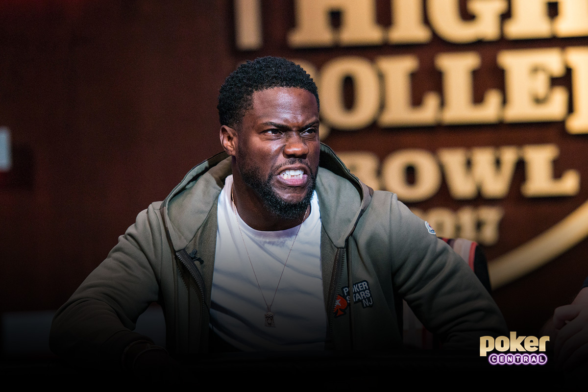 Kevin Hart showing his game face during the 2017 Super High Roller Bowl.