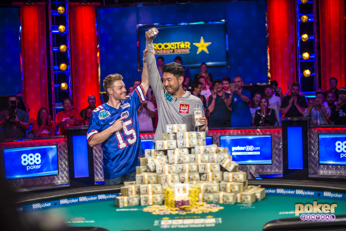 Instantly iconic: John Cynn wins the 2018 WSOP Main Event and Tony Miles raises his arm to share in the celebrations after finishing in second place.