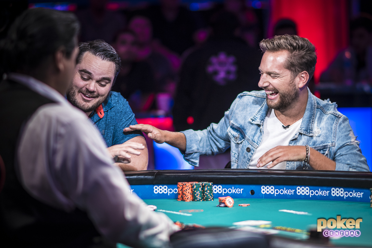 Bart Lybaert on Day 7 of the 2018 WSOP Main Event with Antoine Labat on the feature table. Lybaert eventually finished in 24th place.