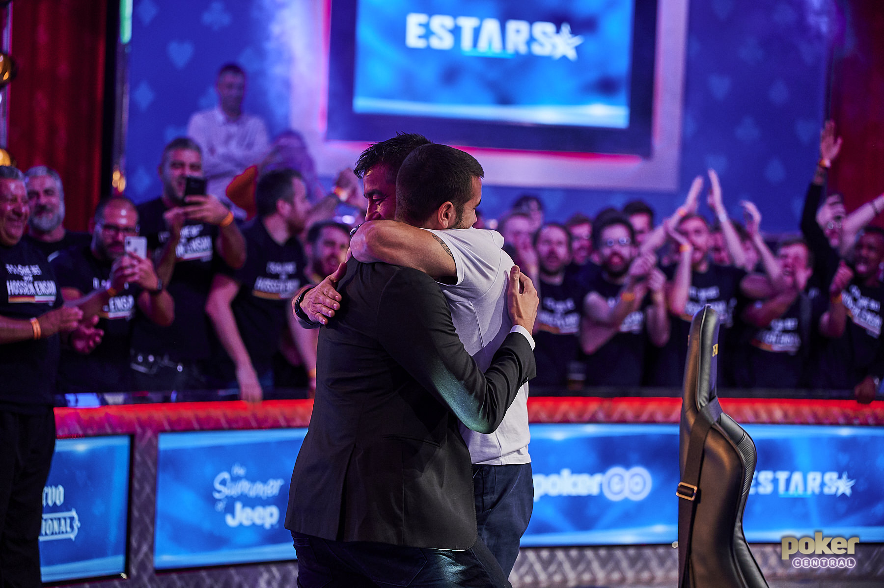 Dario Sammartino and Hossein Ensan embrace each other after the latter took down the 2019 WSOp Main Event for $10,000,000.