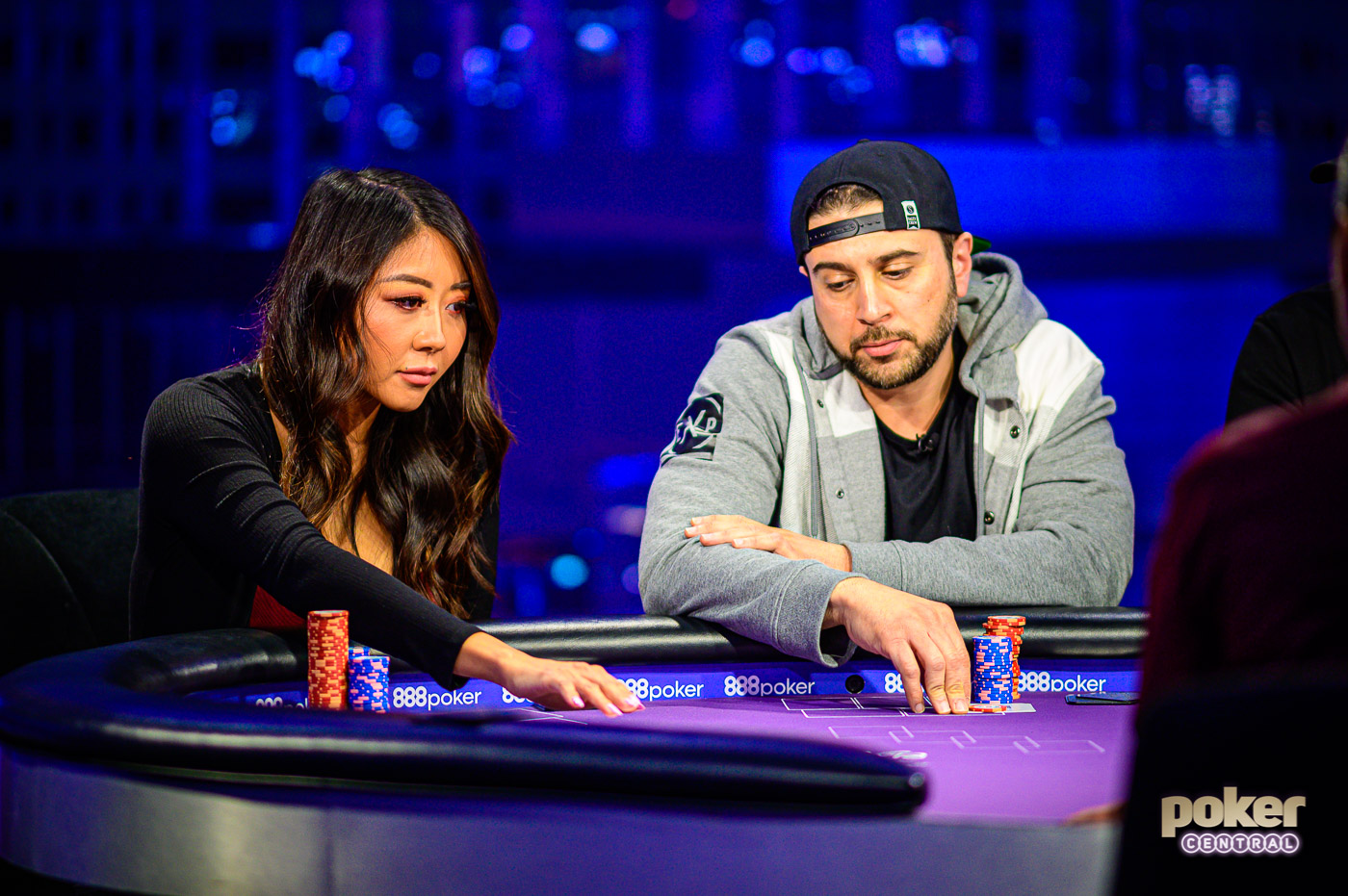 Maria Ho squaring off with Woody Kawaar on Poker After Dark Showbound week.