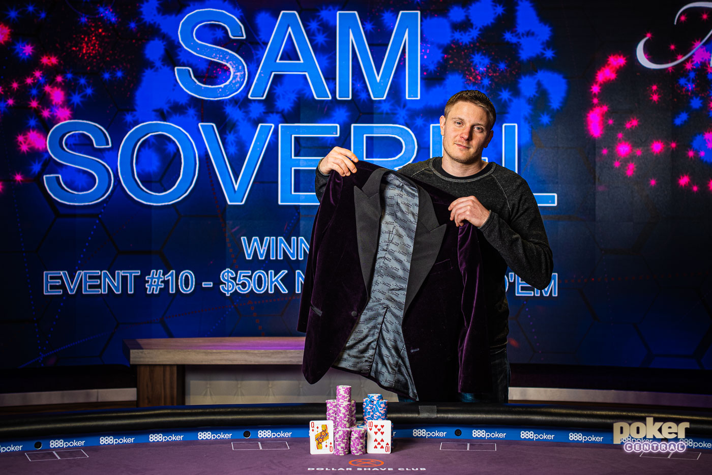 Sam Soverel showing off the Poker Masters Purple Jacket after a truly historic performance inside the PokerGO Studio.