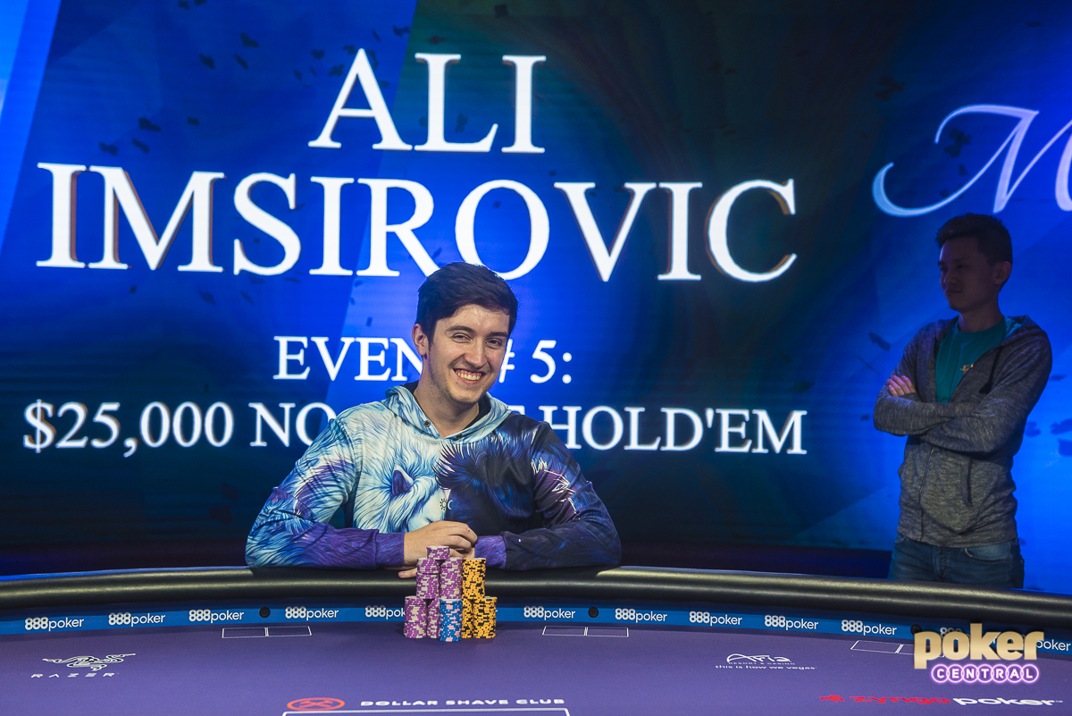 Ali Imsirovic takes home the title in Event 5 of the 2018 Poker Masters, the $25,000 No-Limit Hold'em event! The $462,000 first place prize is a career-best for Imsirovic. After his interview with Maria Ho, Imsirovic and Yu shared a laugh as Yu proposed this winners photo with himself lurking behind Imsirovic.