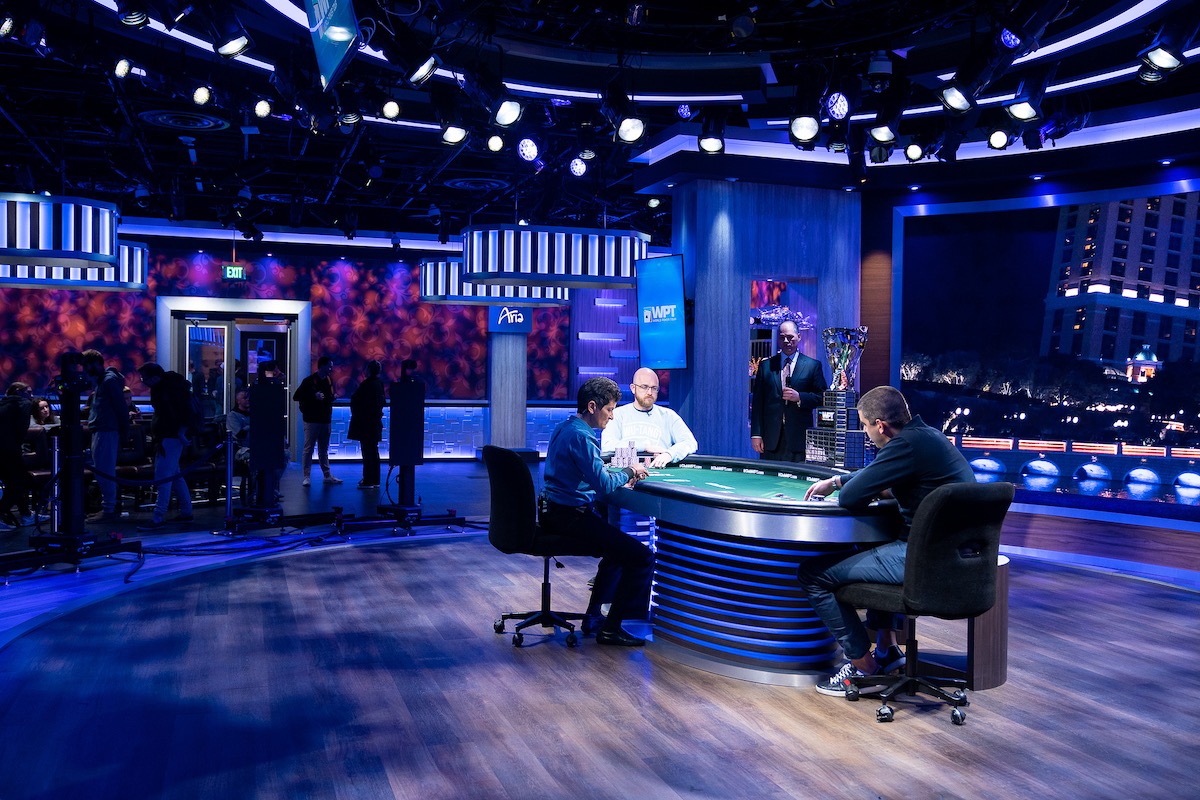Dylan Linde battles with Milos Skrbic for the WPT Five Diamond title in the PokerGO Studio. (Photo courtesy of the WPT)