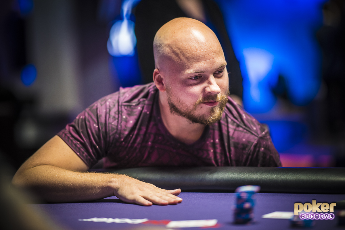 Gabe Patgorski awaiting his fate while all in during the $10,000 Poker Masters Short Deck event. Patgorski did not make the money in the tournament.