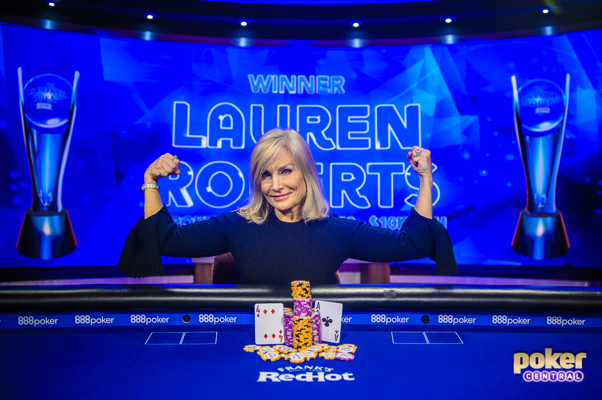 Lauren Roberts flexes after winning U.S. Poker Open Event #3.