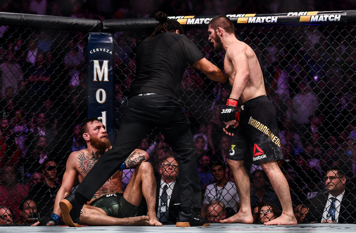 Las Vegas , United States - 6 October 2018; Referee Herb Dean stops the fight between Conor McGregor and Khabib Nurmagomedov in the fourth round of their UFC lightweight championship fight during UFC 229 at T-Mobile Arena in Las Vegas, Nevada, USA. (Photo By Stephen McCarthy/Sportsfile via Getty Images)