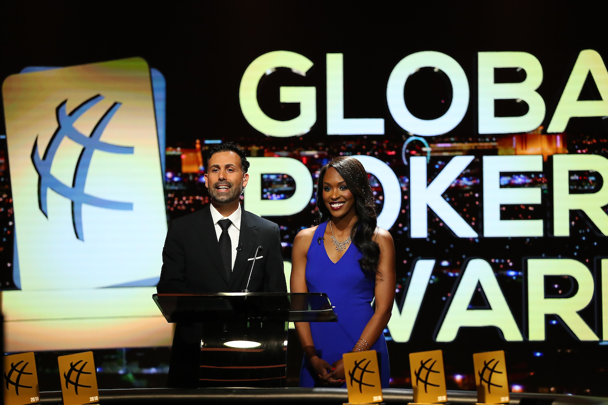 Ali Nejad and Drea Renee hosting the Global Poker Awards at the PokerGO Studio.